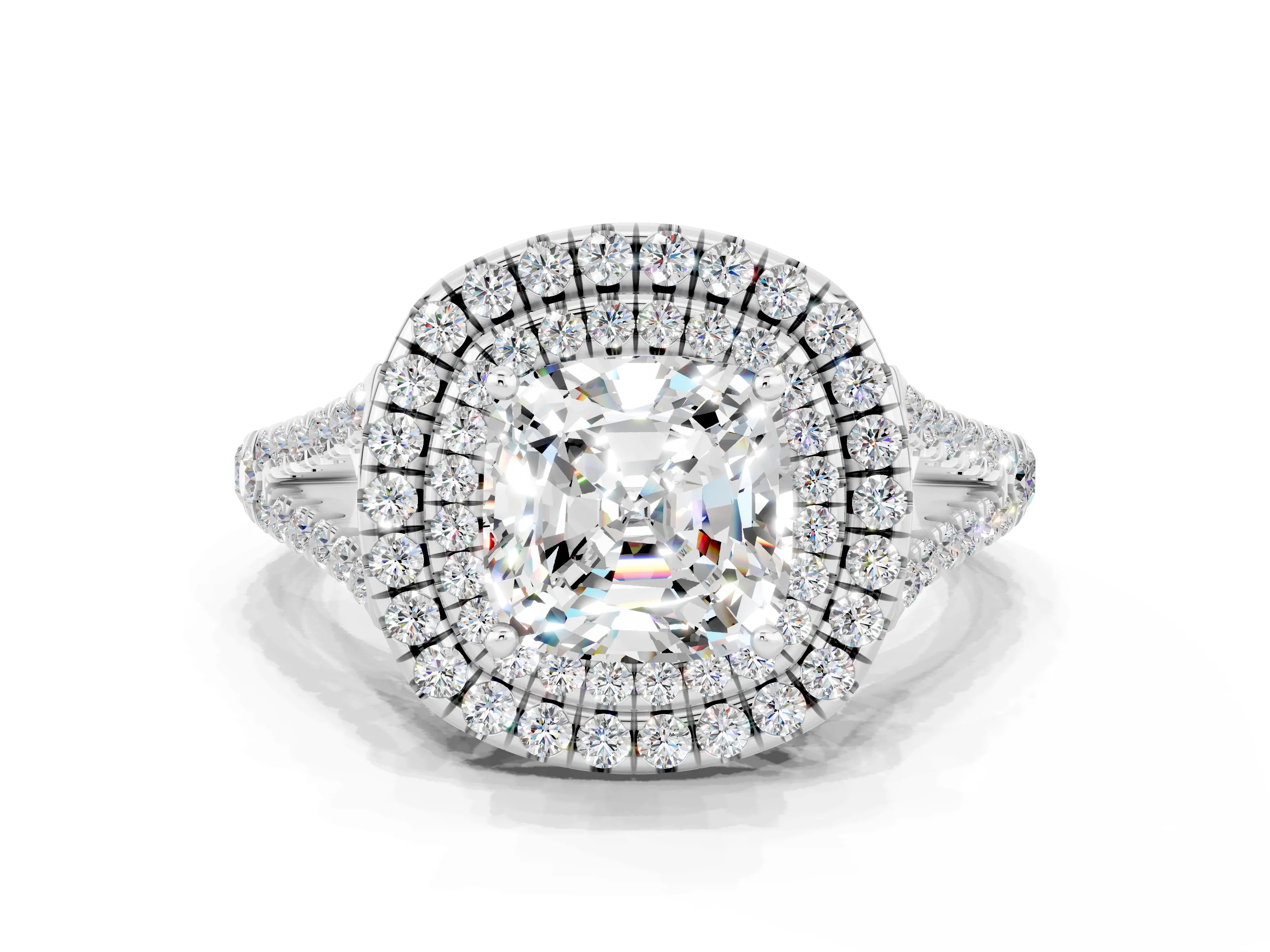White gold Cushion Cut Moissanite Double Halo Ring with Pavé Band and Prong Setting_12
