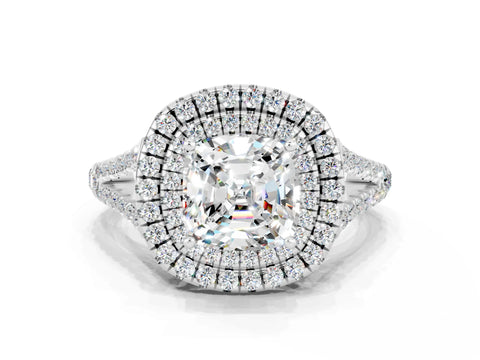 White gold Cushion Cut Moissanite Double Halo Ring with Pavé Band and Prong Setting_12