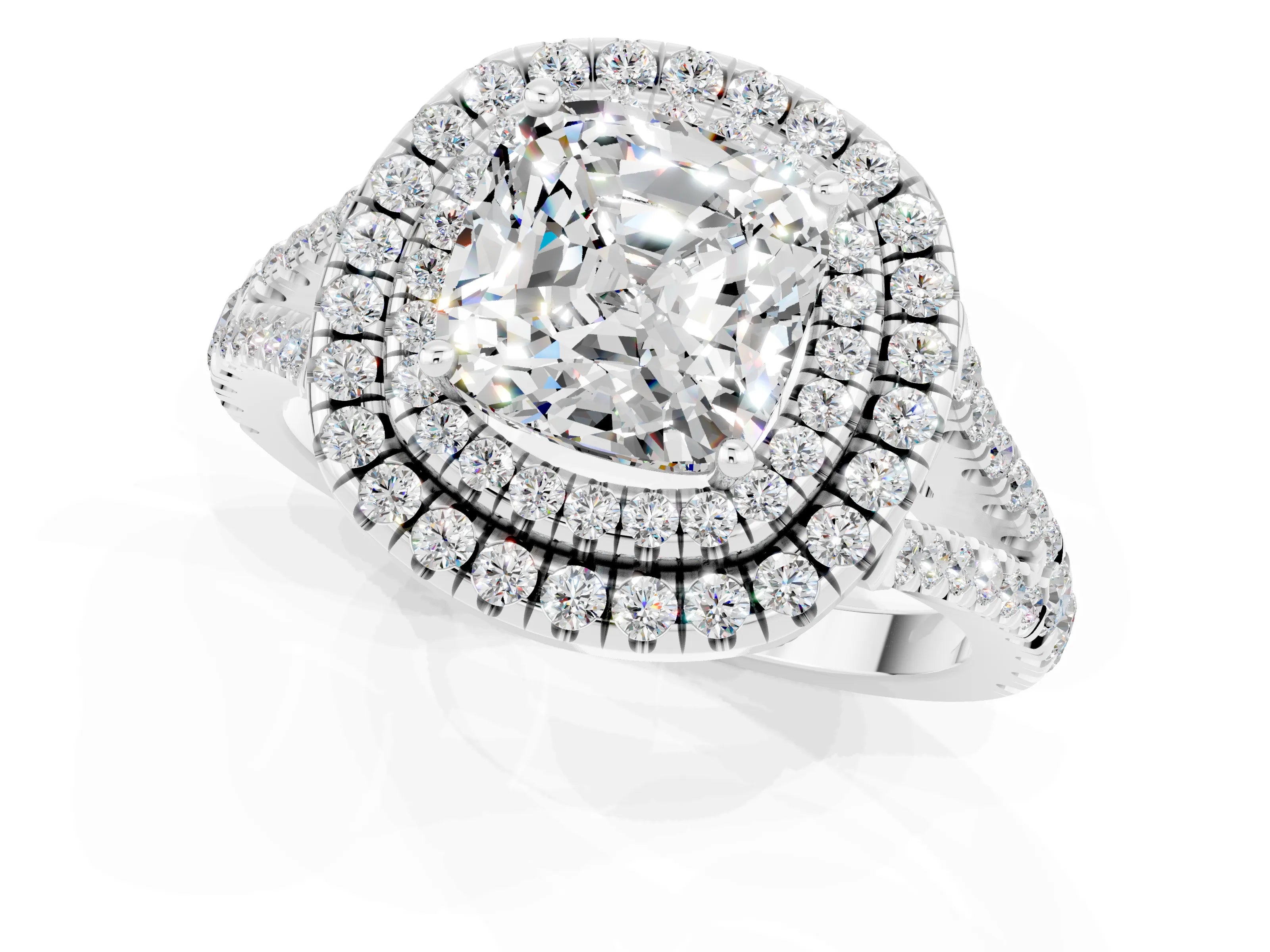 White gold Cushion Cut Moissanite Double Halo Ring with Pavé Band and Prong Setting_13