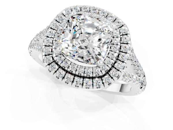 White gold Cushion Cut Moissanite Double Halo Ring with Pavé Band and Prong Setting