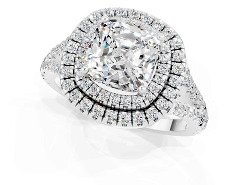 White gold Cushion Cut Moissanite Double Halo Ring with Pavé Band and Prong Setting_13