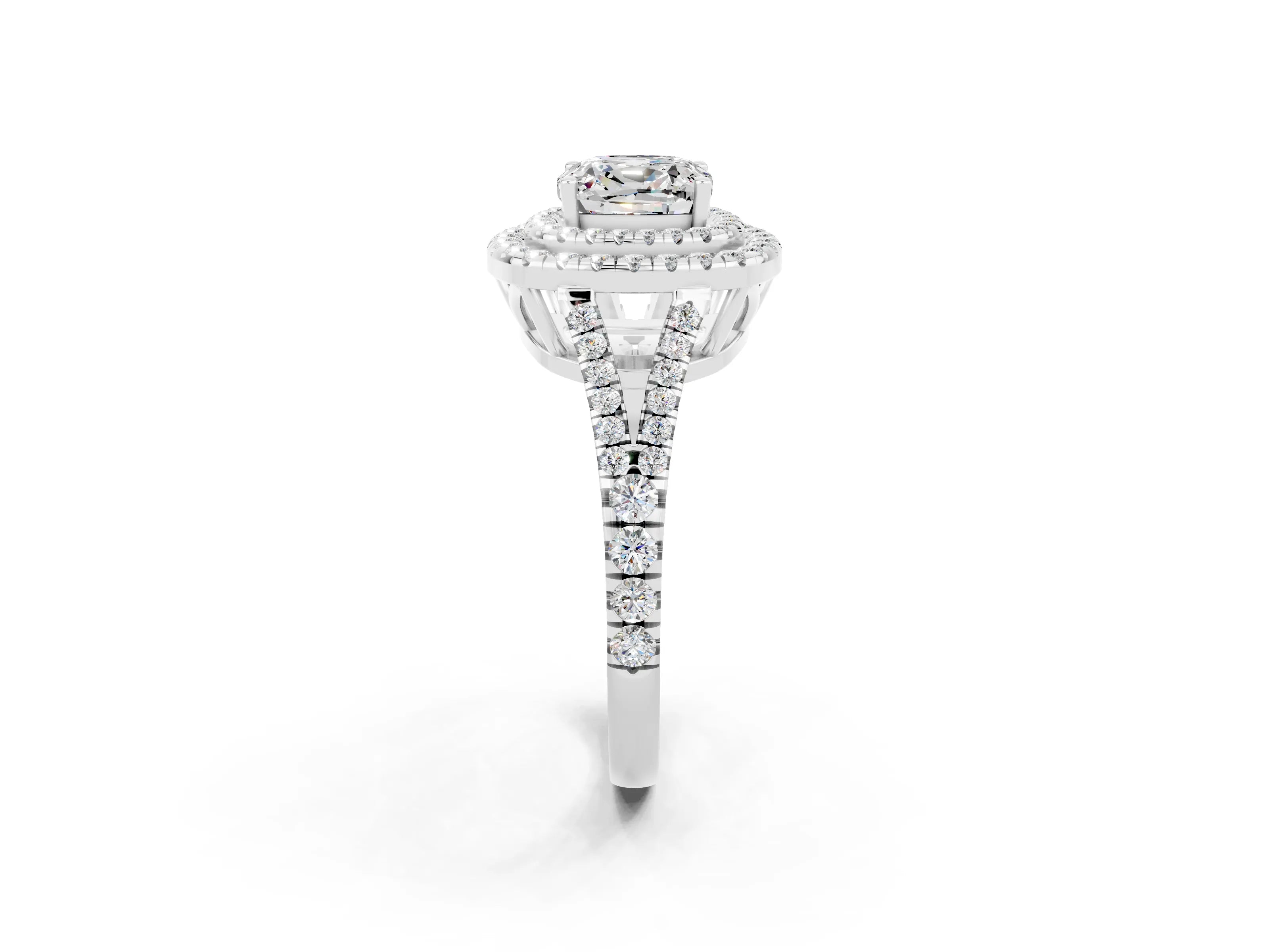 White gold Cushion Cut Moissanite Double Halo Ring with Pavé Band and Prong Setting_14