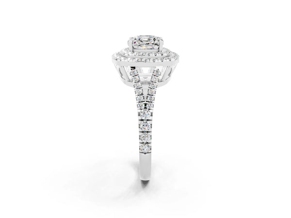 White gold Cushion Cut Moissanite Double Halo Ring with Pavé Band and Prong Setting