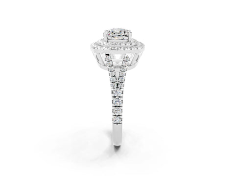 White gold Cushion Cut Moissanite Double Halo Ring with Pavé Band and Prong Setting_14