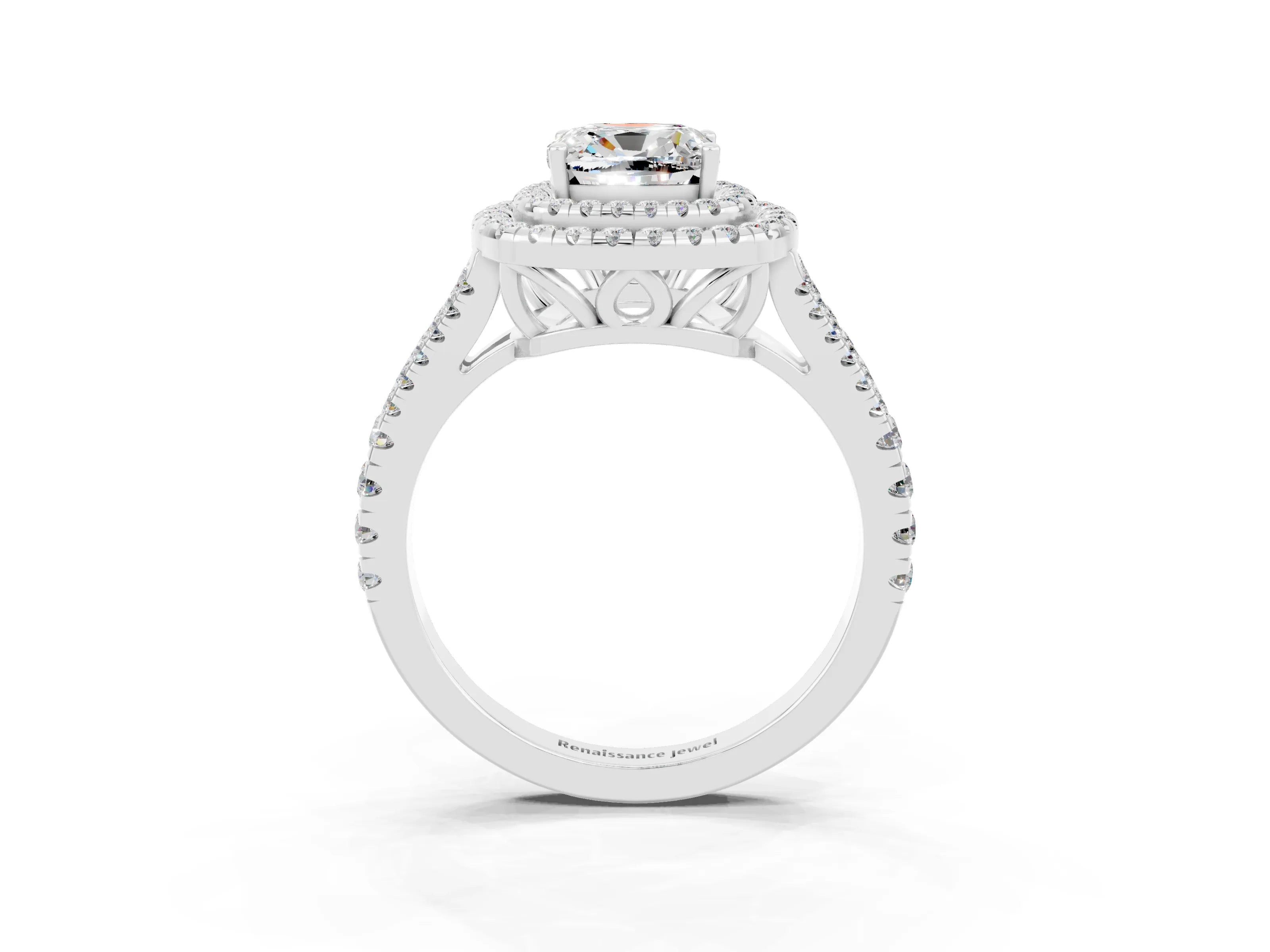 White gold Cushion Cut Moissanite Double Halo Ring with Pavé Band and Prong Setting_15