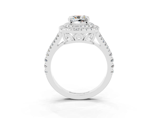 Platinum Cushion Cut Moissanite Double Halo Ring with Pavé Band and Prong Setting