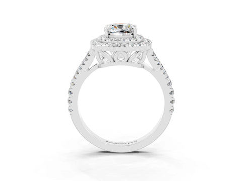 White gold Cushion Cut Moissanite Double Halo Ring with Pavé Band and Prong Setting_15