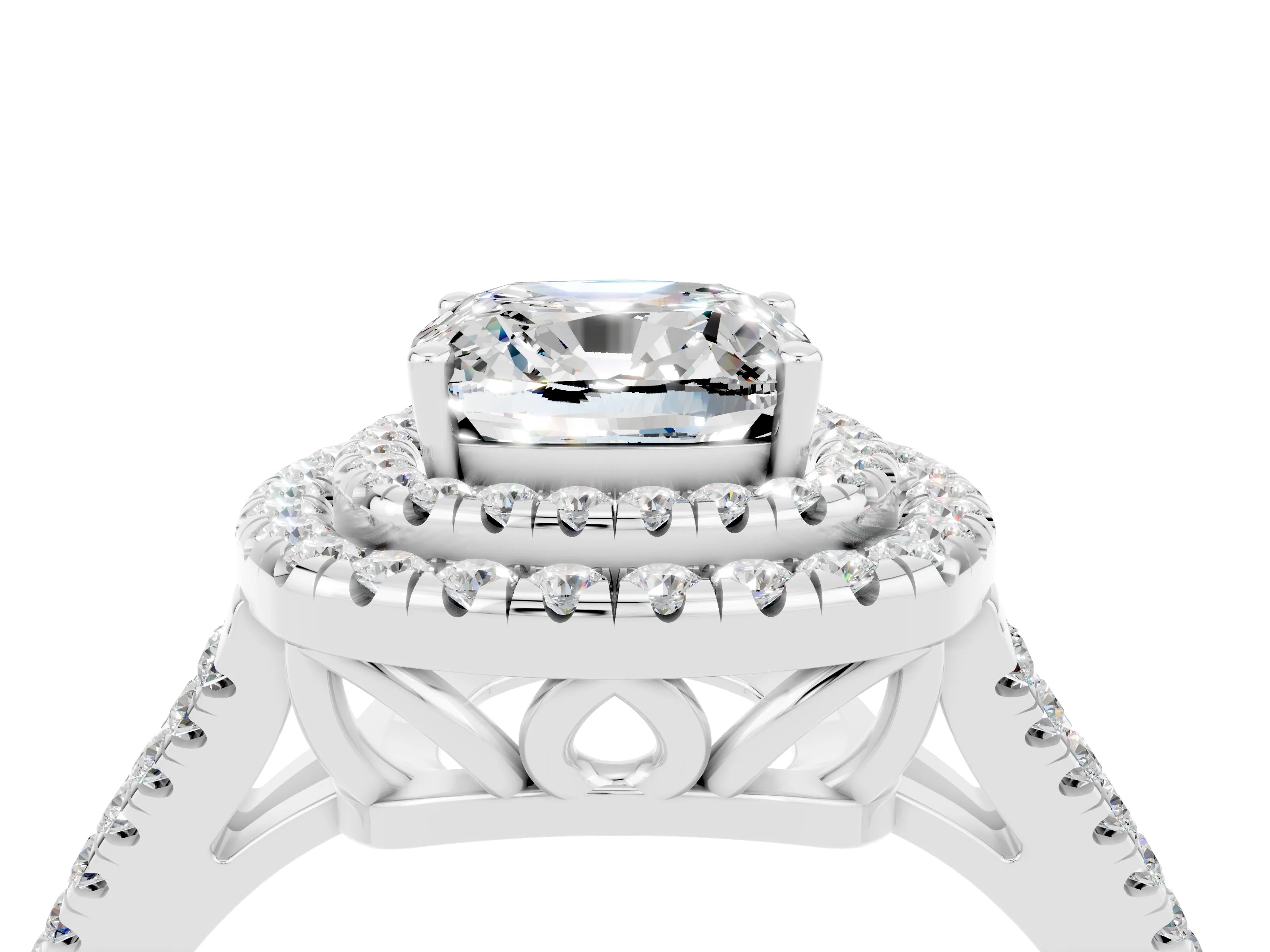 White gold Cushion Cut Moissanite Double Halo Ring with Pavé Band and Prong Setting_16