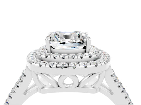 White gold Cushion Cut Moissanite Double Halo Ring with Pavé Band and Prong Setting_16