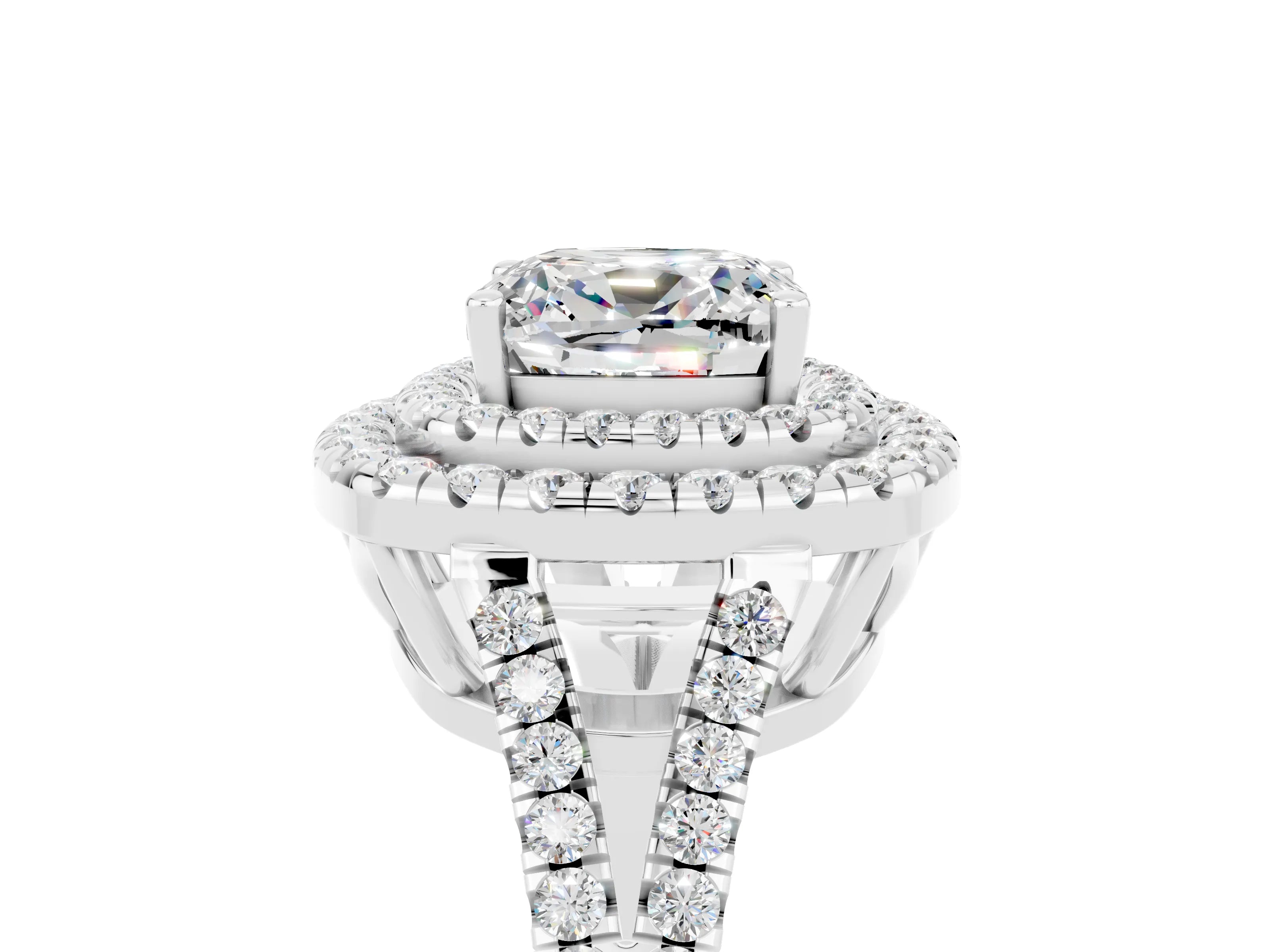 White gold Cushion Cut Moissanite Double Halo Ring with Pavé Band and Prong Setting_17