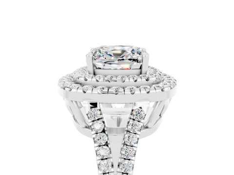 White gold Cushion Cut Moissanite Double Halo Ring with Pavé Band and Prong Setting_17