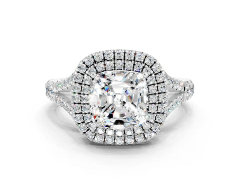 White gold Cushion Cut Moissanite Double Halo Ring with Split Shank and Prong Setting_12