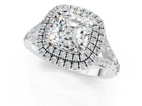 White gold Cushion Cut Moissanite Double Halo Ring with Split Shank and Prong Setting_13