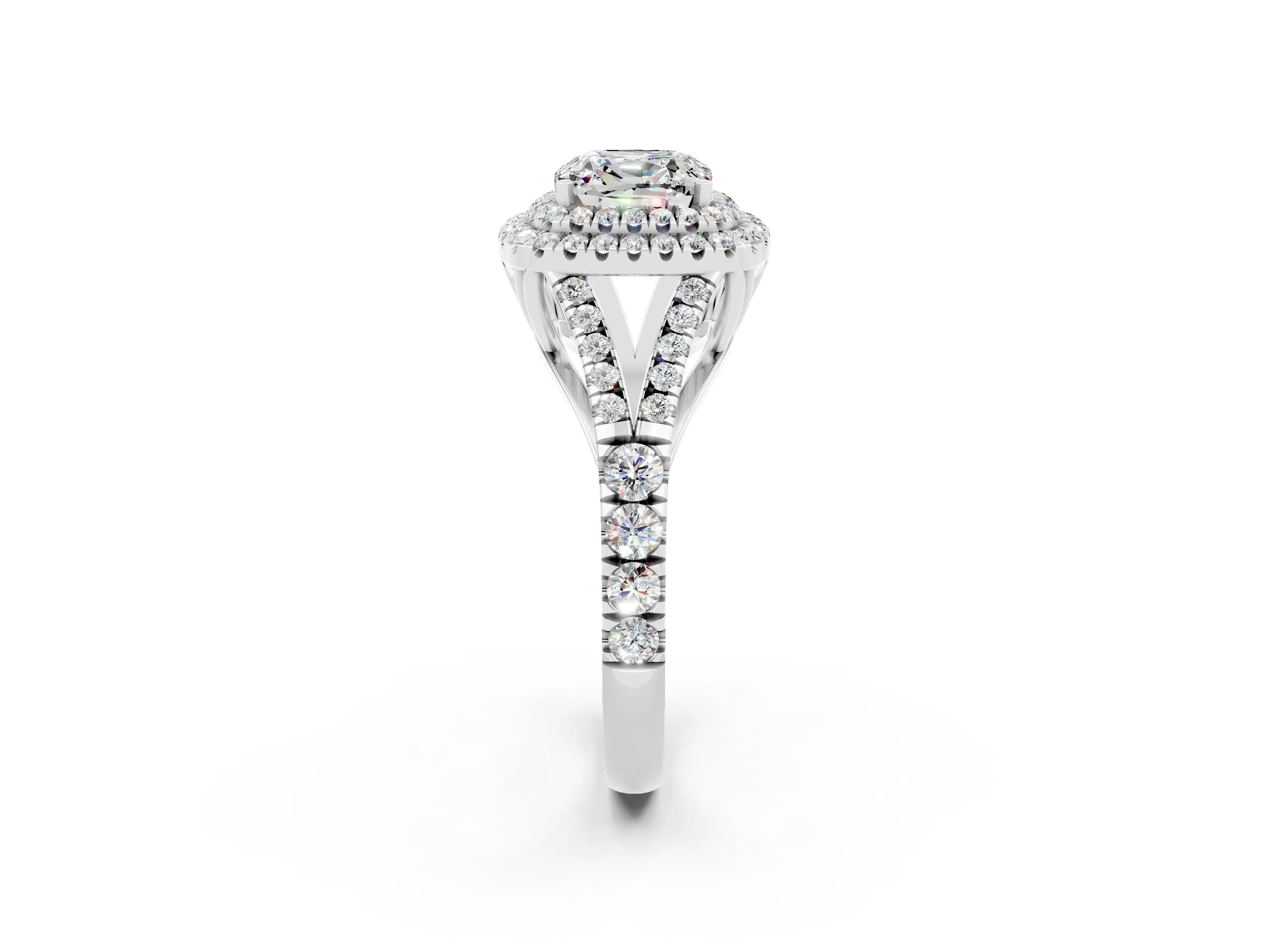 White gold Cushion Cut Moissanite Double Halo Ring with Split Shank and Prong Setting_14