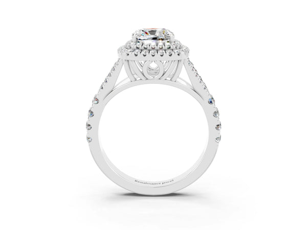Platinum Cushion Cut Moissanite Double Halo Ring with Split Shank and Prong Setting