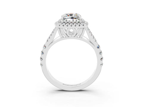 White gold Cushion Cut Moissanite Double Halo Ring with Split Shank and Prong Setting_15