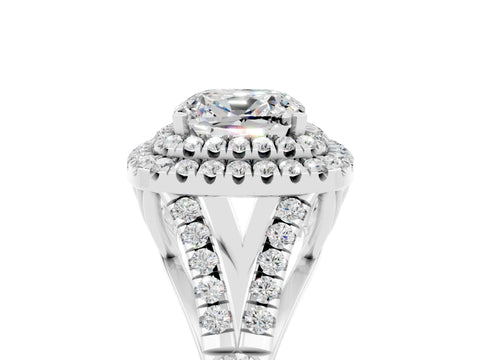 White gold Cushion Cut Moissanite Double Halo Ring with Split Shank and Prong Setting_17