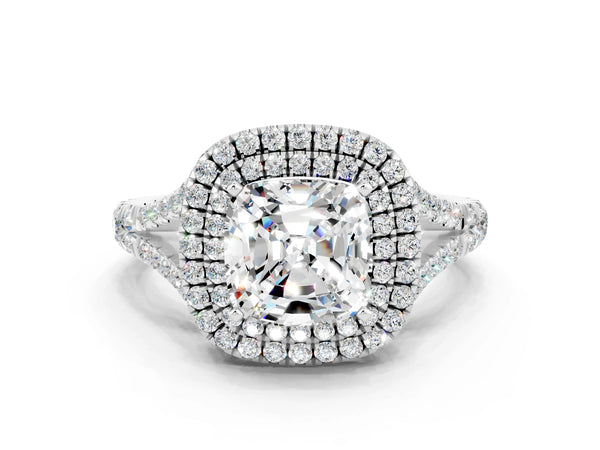 White gold Cushion Cut Moissanite Double Halo Ring with Split Shank and Prong Setting