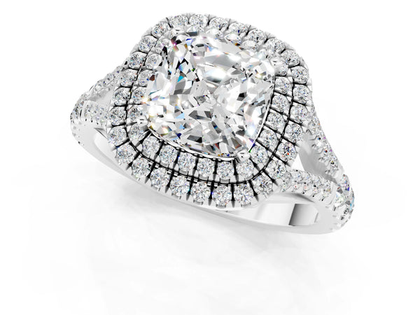 White gold Cushion Cut Moissanite Double Halo Ring with Split Shank and Prong Setting