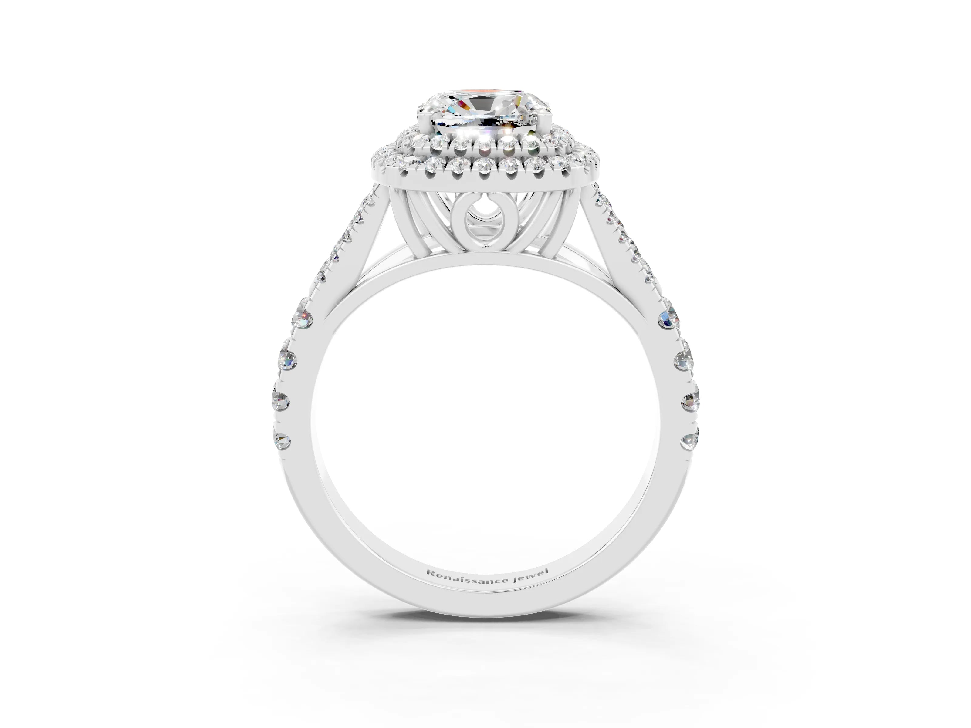 White gold Cushion Cut Moissanite Double Halo Ring with Split Shank and Prong Setting_27