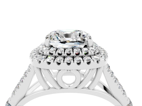 White gold Cushion Cut Moissanite Double Halo Ring with Split Shank and Prong Setting_28