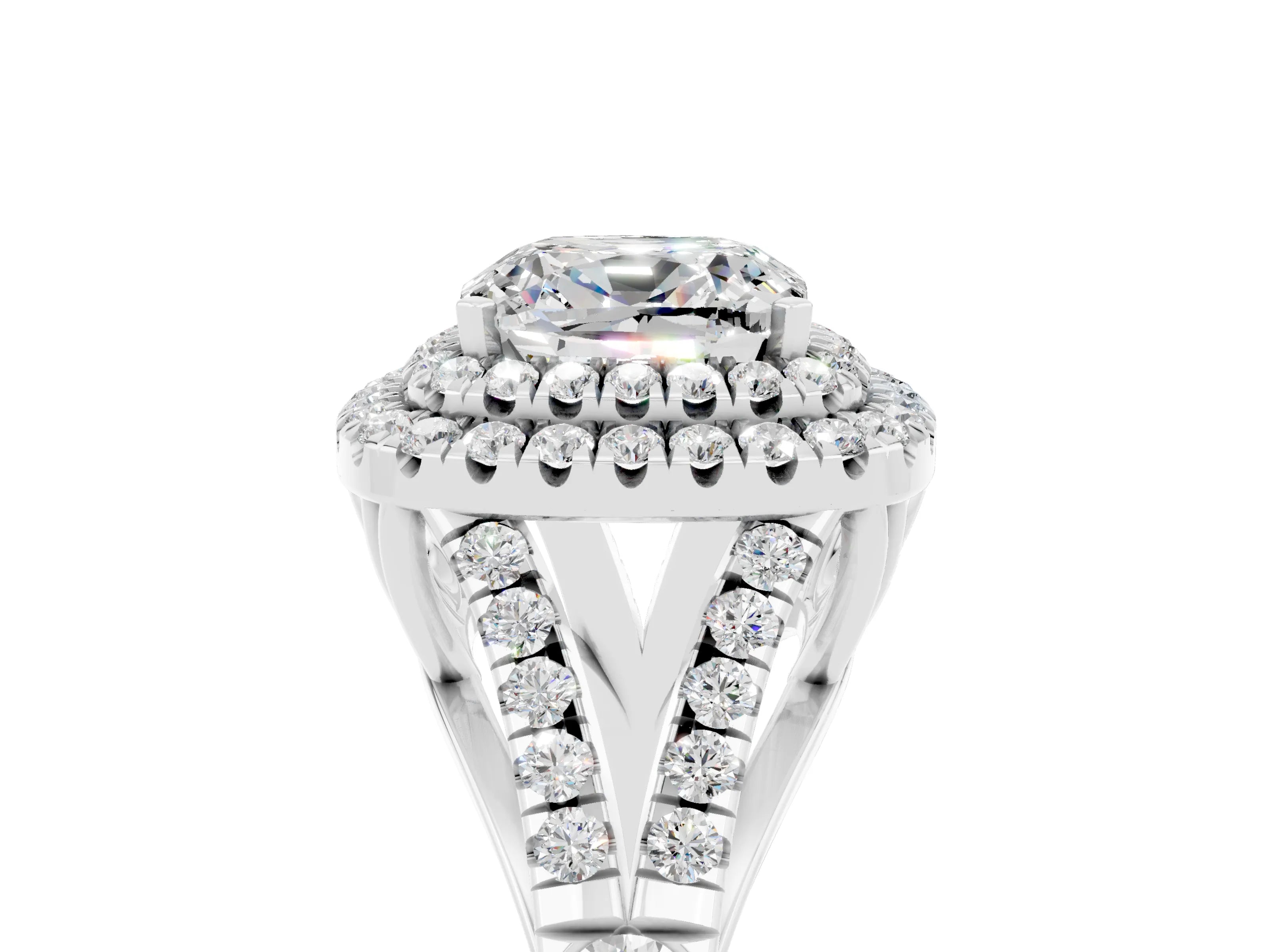 White gold Cushion Cut Moissanite Double Halo Ring with Split Shank and Prong Setting_29