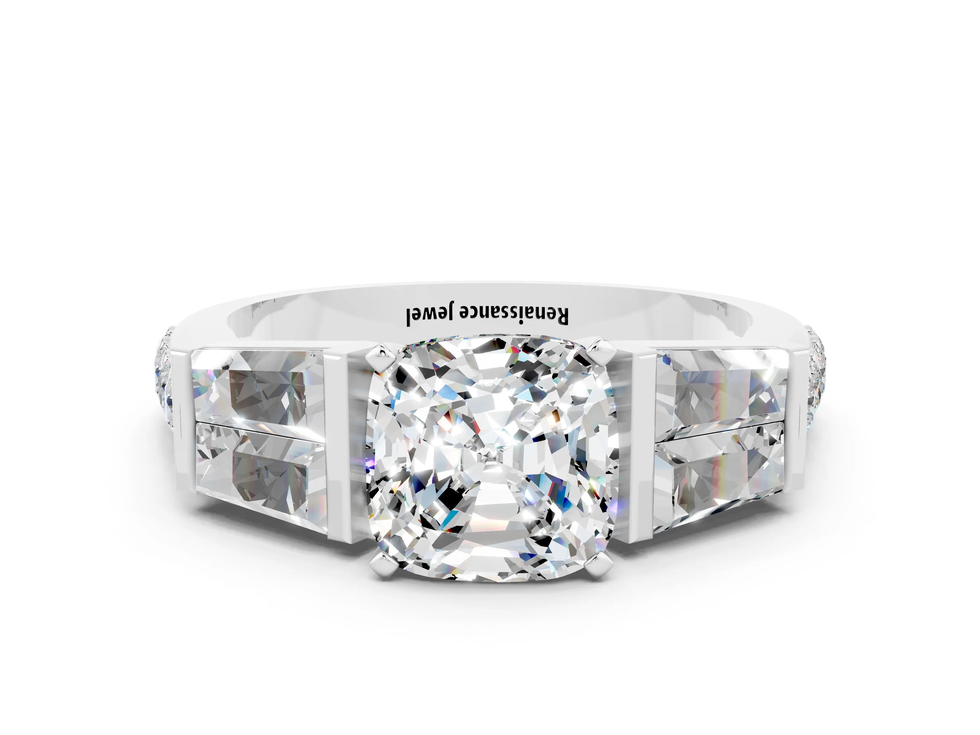 White gold Cushion Cut Moissanite Engagement Ring with Baguette Side Stones and Channel Set Band