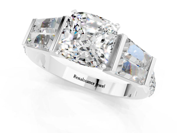 Silver Cushion Cut Moissanite Engagement Ring with Baguette Side Stones and Channel Set Band