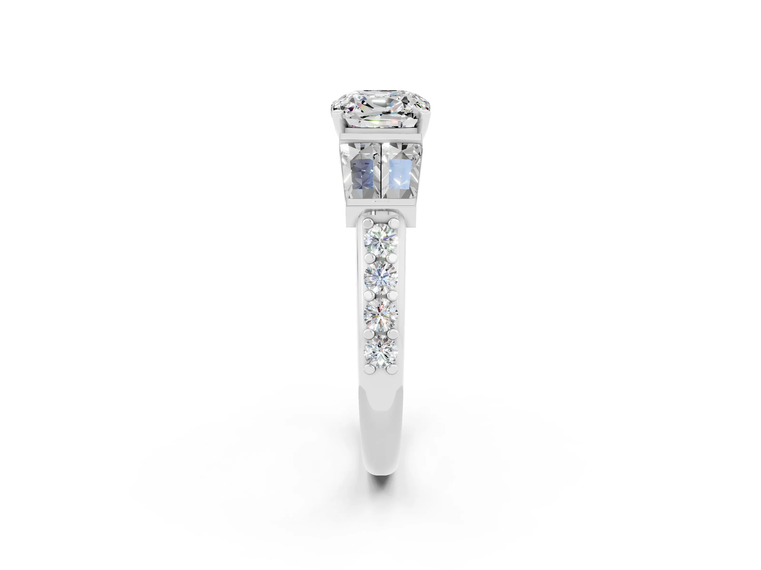 White gold Cushion Cut Moissanite Engagement Ring with Baguette Side Stones and Channel Set Band_2