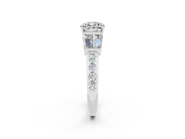 White gold Cushion Cut Moissanite Engagement Ring with Baguette Side Stones and Channel Set Band