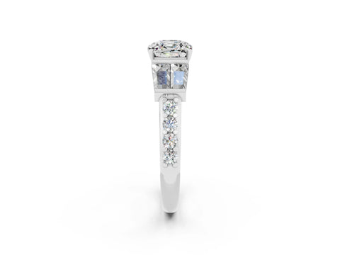 White gold Cushion Cut Moissanite Engagement Ring with Baguette Side Stones and Channel Set Band_2