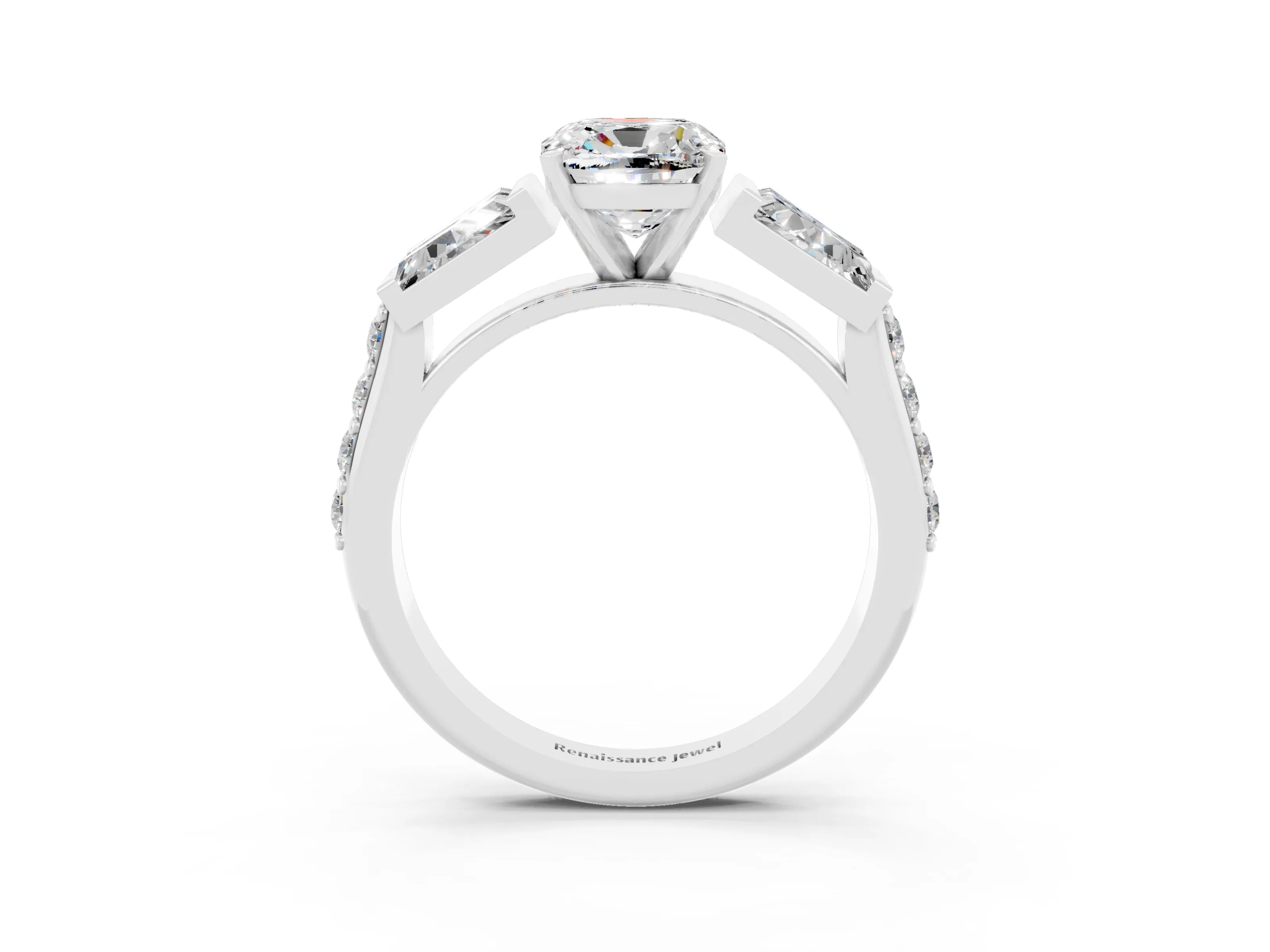 White gold Cushion Cut Moissanite Engagement Ring with Baguette Side Stones and Channel Set Band_3