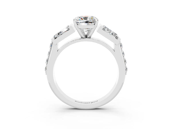 Platinum Cushion Cut Moissanite Engagement Ring with Baguette Side Stones and Channel Set Band