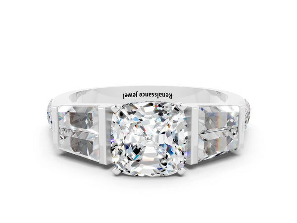 White gold Cushion Cut Moissanite Engagement Ring with Baguette Side Stones and Channel Set Band