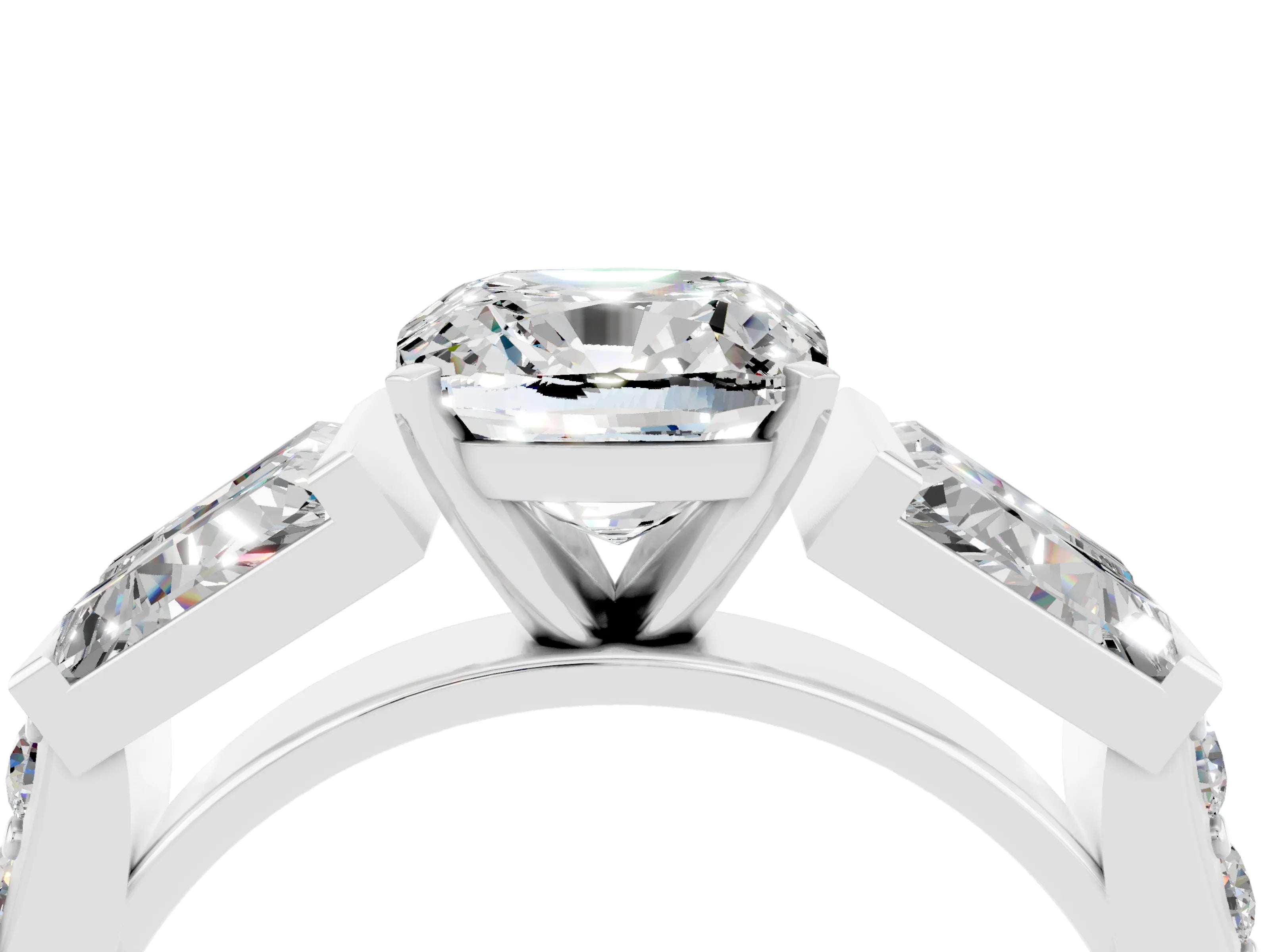 White gold Cushion Cut Moissanite Engagement Ring with Baguette Side Stones and Channel Set Band_4