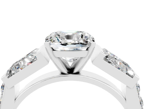 White gold Cushion Cut Moissanite Engagement Ring with Baguette Side Stones and Channel Set Band_4