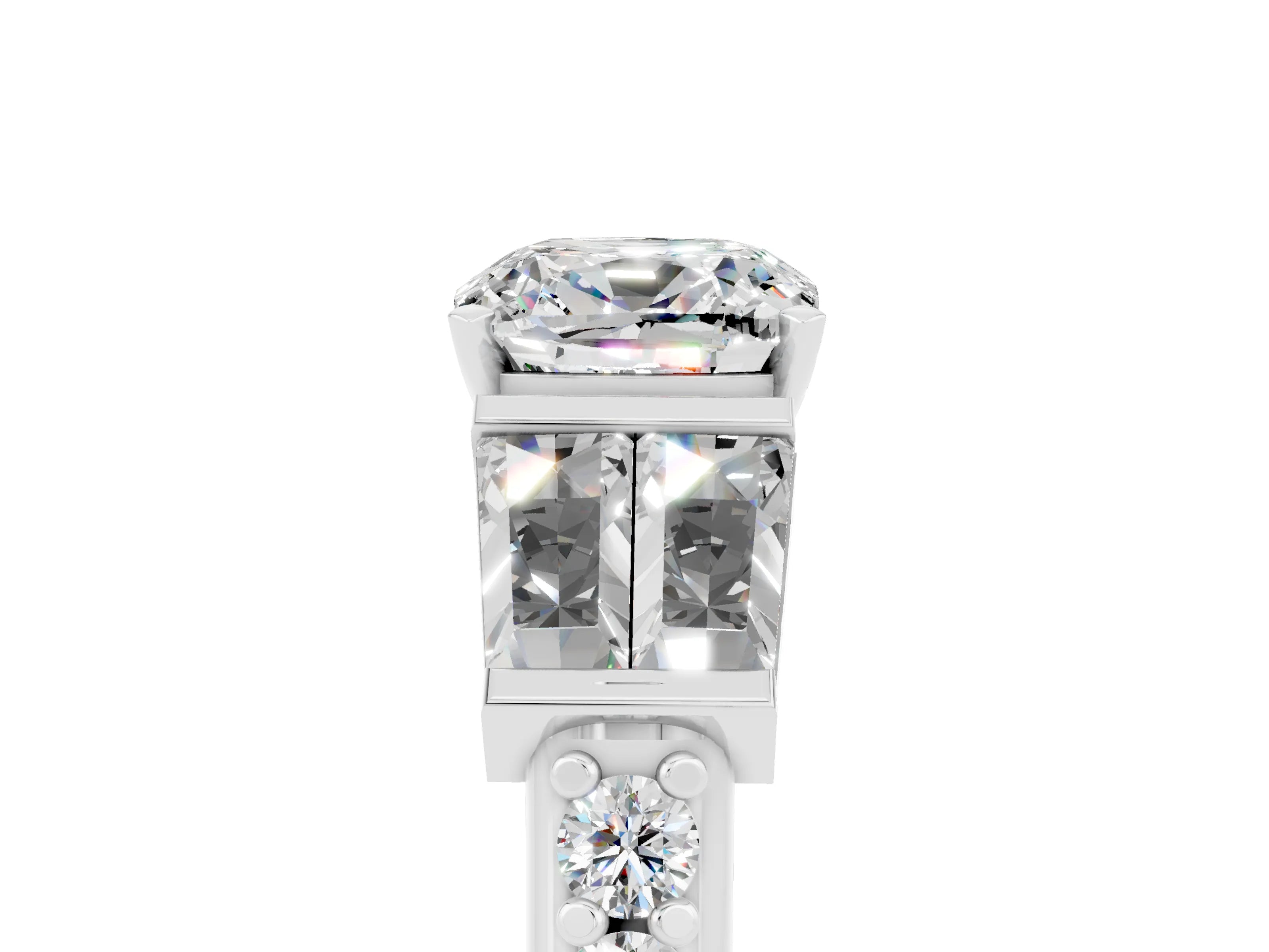 White gold Cushion Cut Moissanite Engagement Ring with Baguette Side Stones and Channel Set Band_5