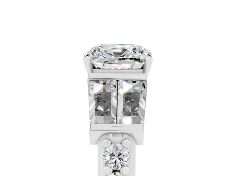 White gold Cushion Cut Moissanite Engagement Ring with Baguette Side Stones and Channel Set Band_5