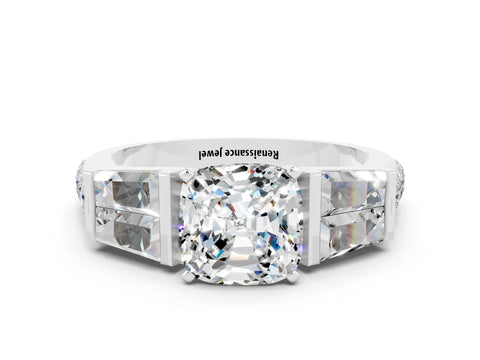 White gold Cushion Cut Moissanite Engagement Ring with Baguette Side Stones and Channel Set Band