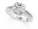 White gold Cushion Cut Moissanite Engagement Ring with Milgrain Channel Set Band and Prong Setting_1