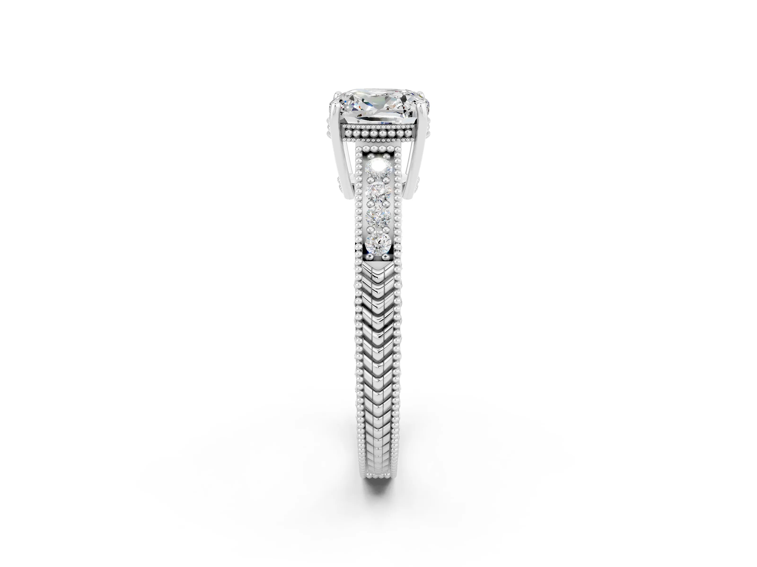 White gold Cushion Cut Moissanite Engagement Ring with Milgrain Channel Set Band and Prong Setting_2