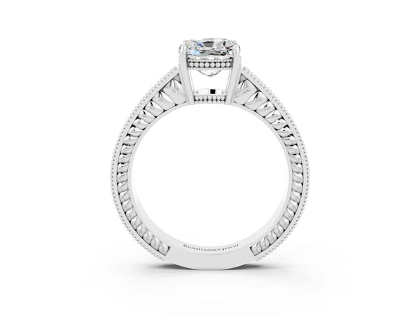 Silver Cushion Cut Moissanite Engagement Ring with Milgrain Channel Set Band and Prong Setting