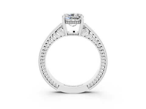 White gold Cushion Cut Moissanite Engagement Ring with Milgrain Channel Set Band and Prong Setting_3