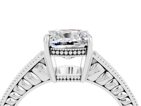 White gold Cushion Cut Moissanite Engagement Ring with Milgrain Channel Set Band and Prong Setting_4