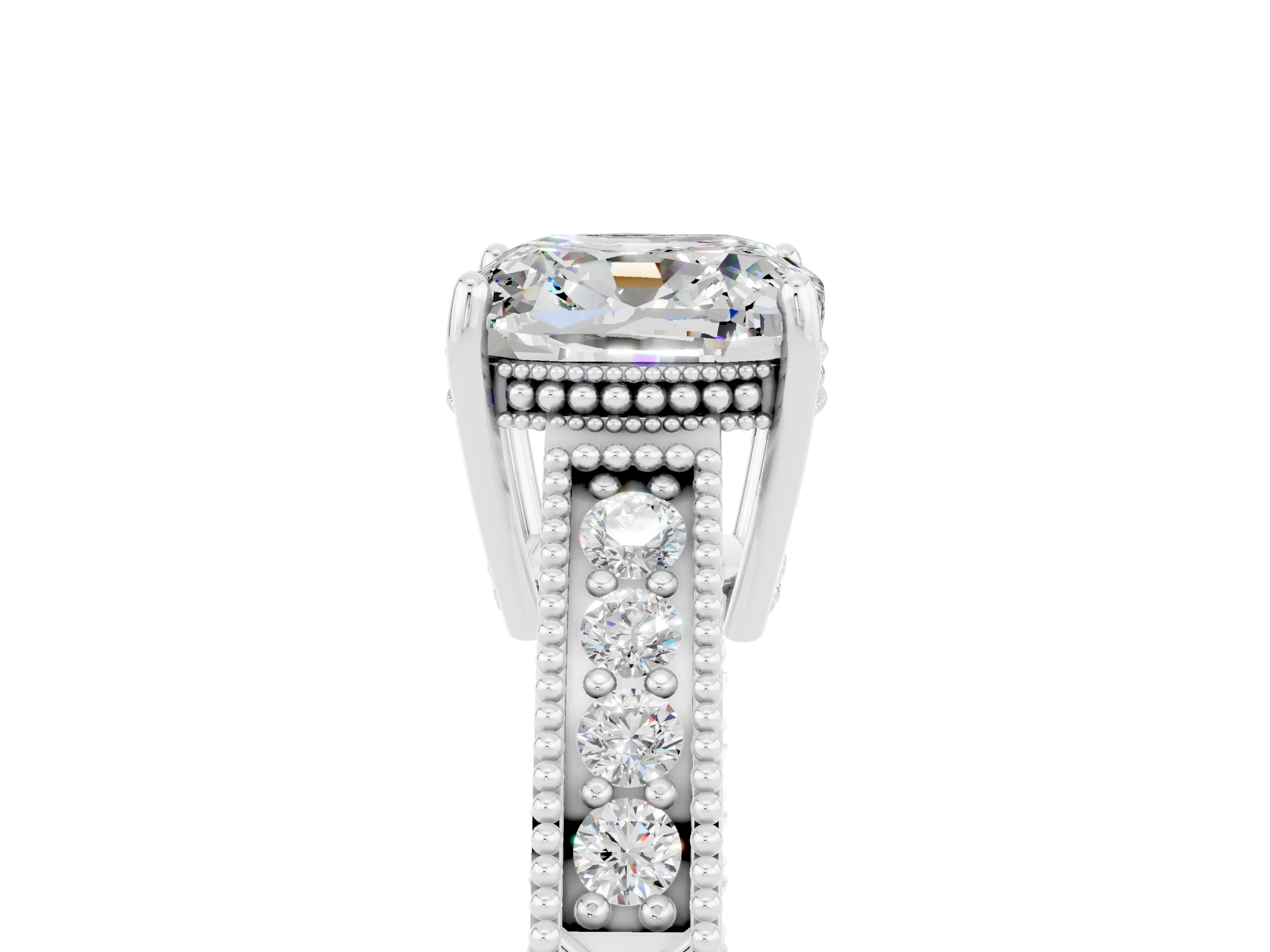 White gold Cushion Cut Moissanite Engagement Ring with Milgrain Channel Set Band and Prong Setting_5