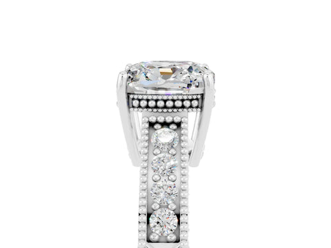 White gold Cushion Cut Moissanite Engagement Ring with Milgrain Channel Set Band and Prong Setting_5
