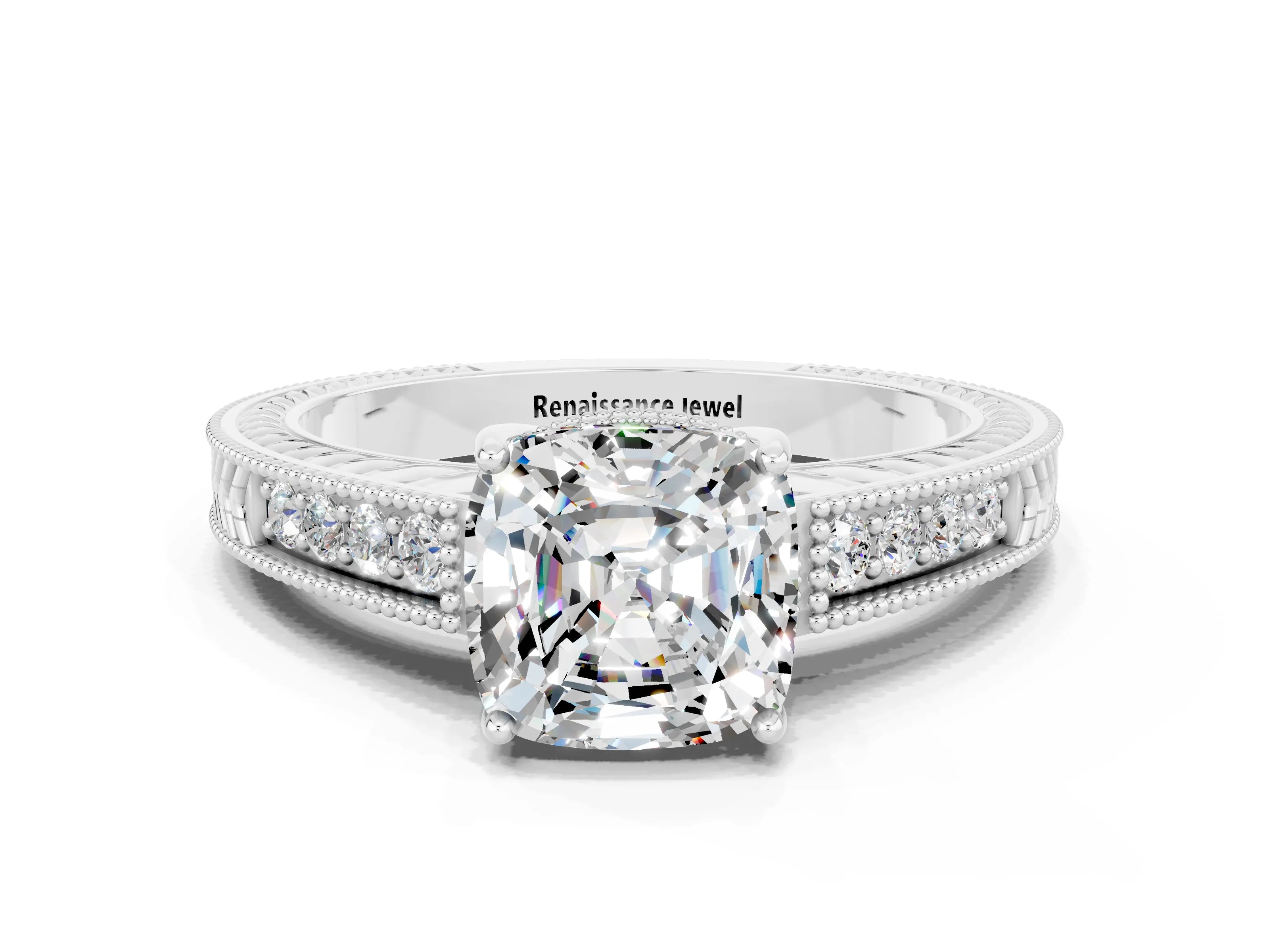 White gold Cushion Cut Moissanite Engagement Ring with Milgrain Channel Set Band and Prong Setting