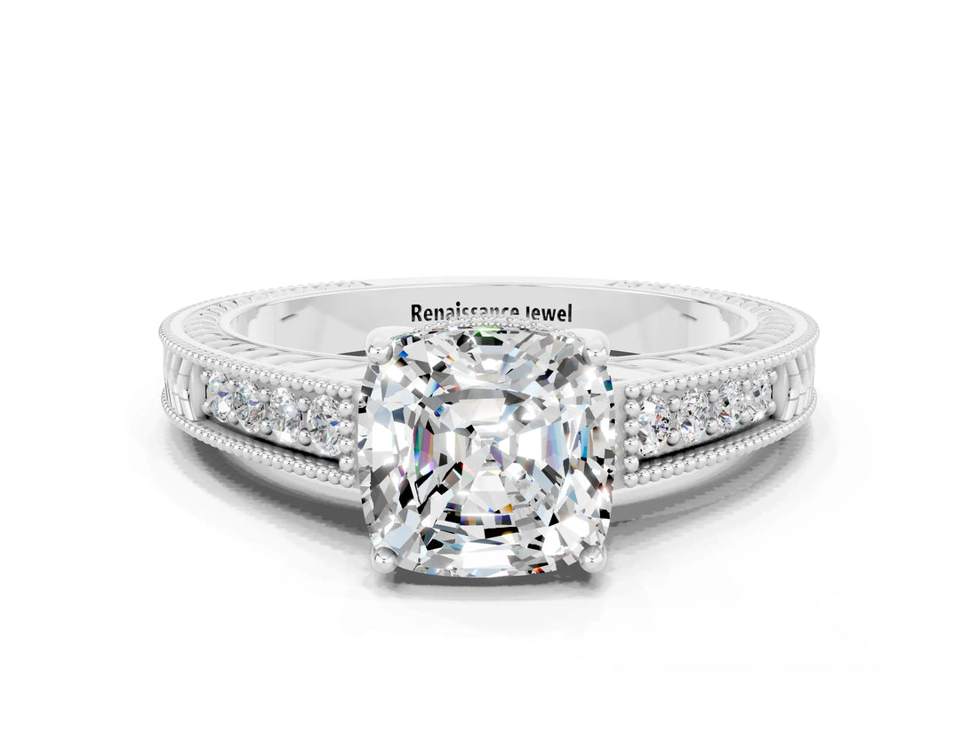 White gold Cushion Cut Moissanite Engagement Ring with Milgrain Channel Set Band and Prong Setting