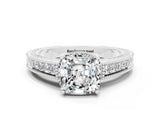 White gold Cushion Cut Moissanite Engagement Ring with Milgrain Channel Set Band and Prong Setting