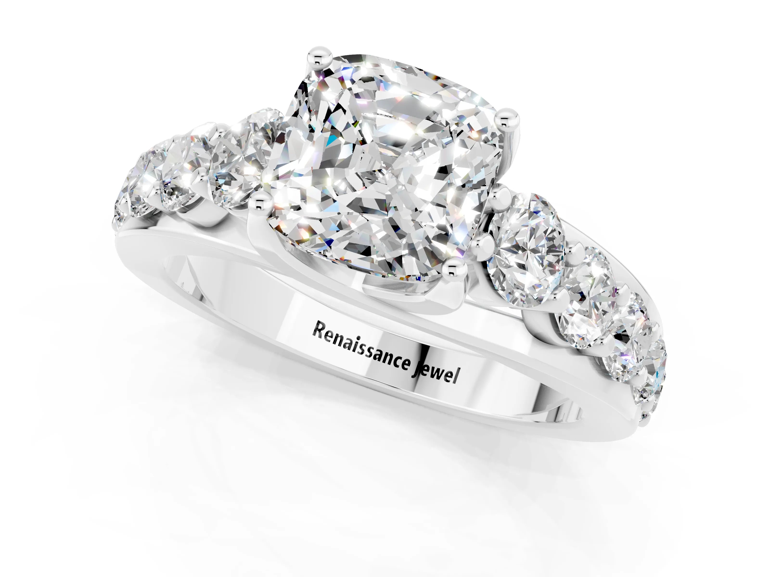 White gold Cushion Cut Moissanite Engagement Ring with Pavé Band and Four-Prong Setting_1